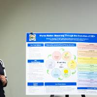 Female faculty member with a microphone presenting on a poster that is on an easel next to her